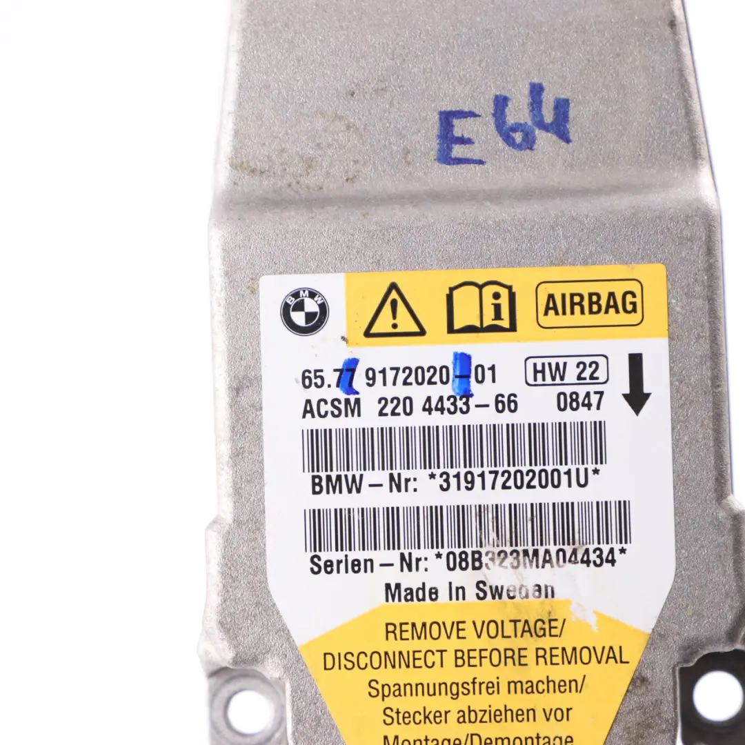 Airbag Modul Sensor ECU Airbag Einheit für BMW E64 Cabrio mit Teilenummer 9172020 BMW E64 Cabrio Airbag Modul Sensor ECU Airbag Einheit - SKU 9172020 - Teilenummer 9172020