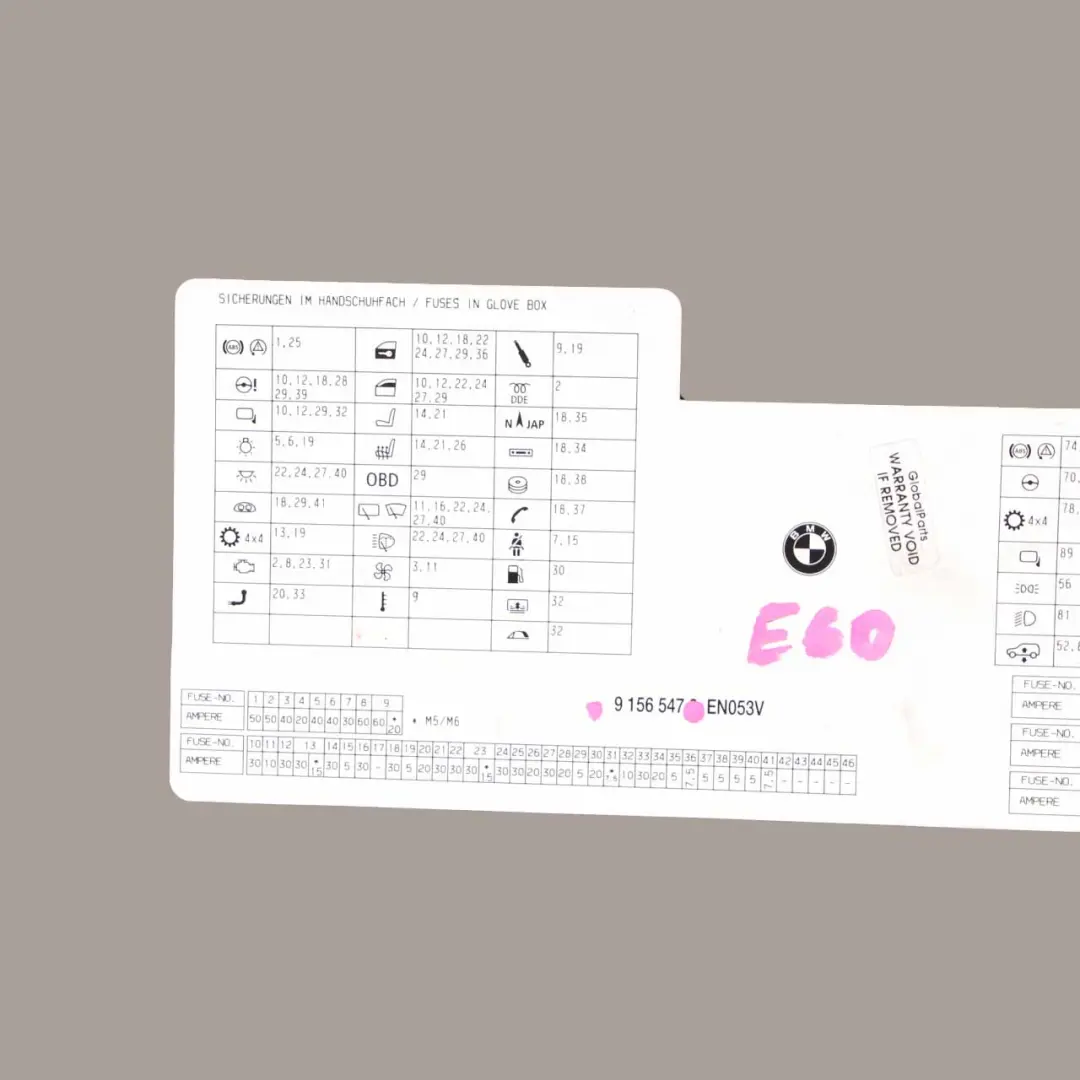 BMW E60 LCI E61 Map Fuse Box Grouping Diagram Card 9156547 - SKU 9177871 - Part number 9177871