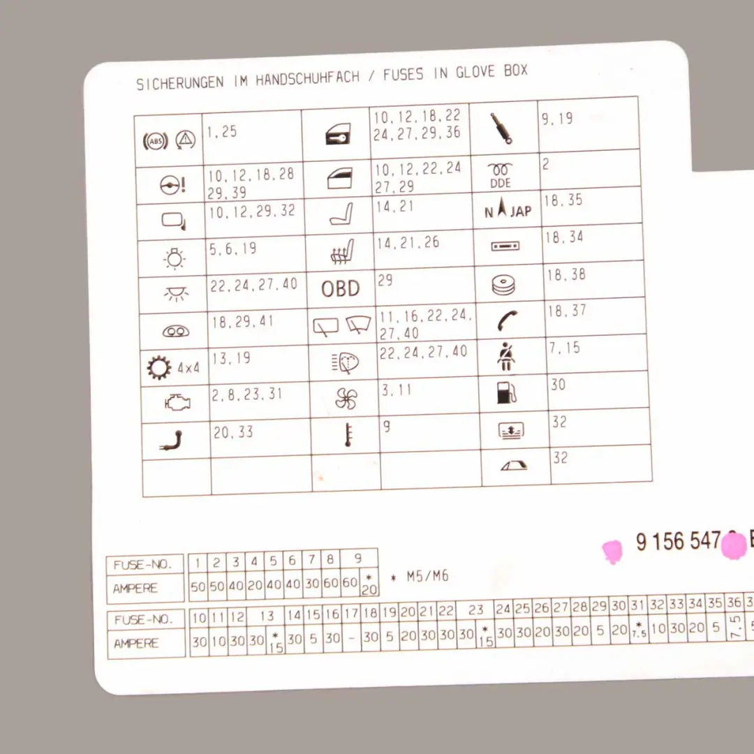 BMW E60 LCI E61 Map Fuse Box Grouping Diagram Card 9156547 - SKU 9177871 - Part number 9177871