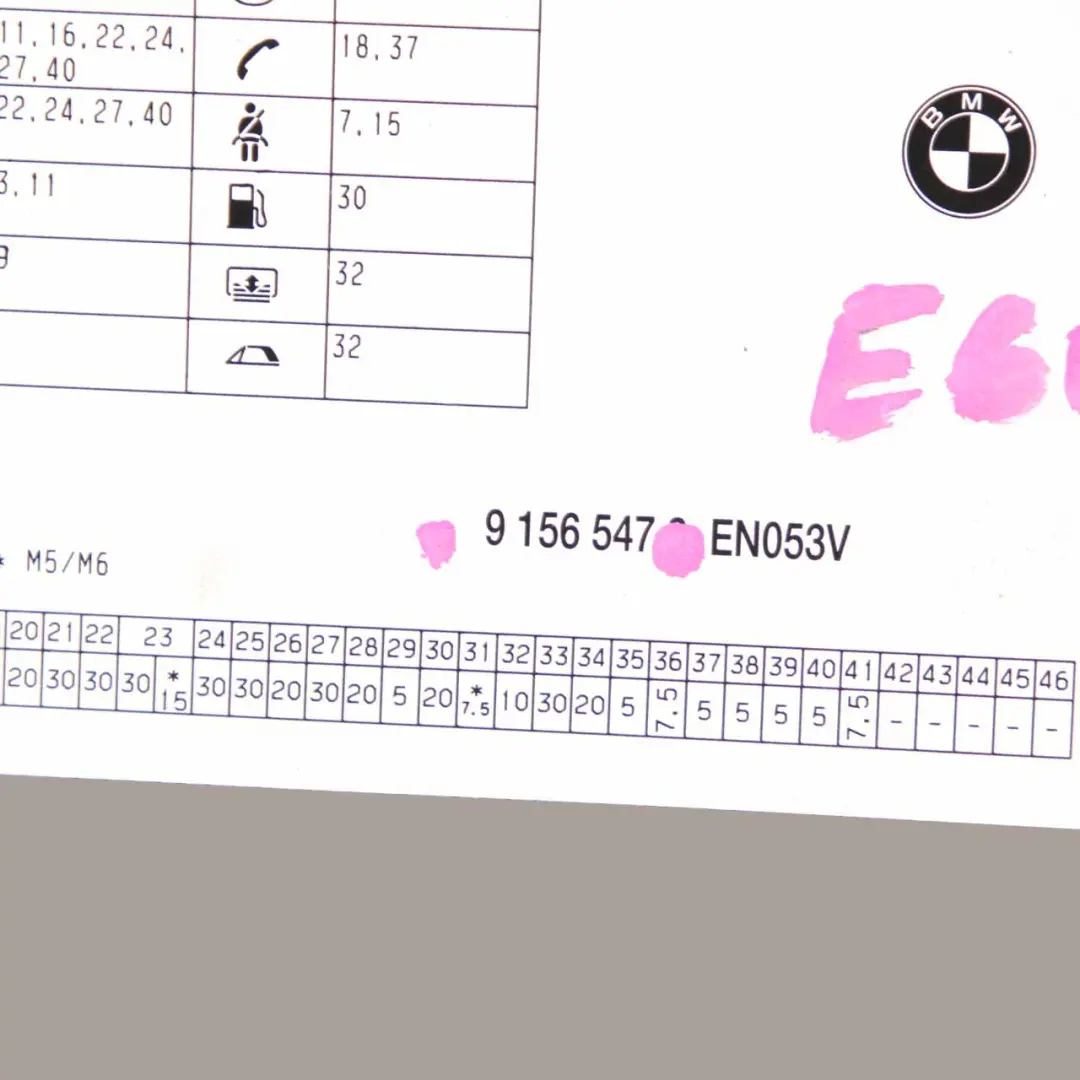 BMW E60 LCI E61 Map Fuse Box Grouping Diagram Card 9156547 - SKU 9177871 - Part number 9177871