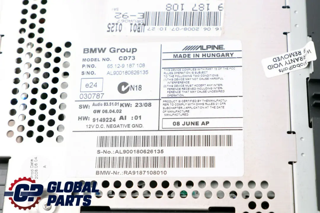  Radio Professional BMW E81 E82 E87 E88 E89 E90 E91 E92 Autoradio CD - SKU 9187108 - Part number 65129187108