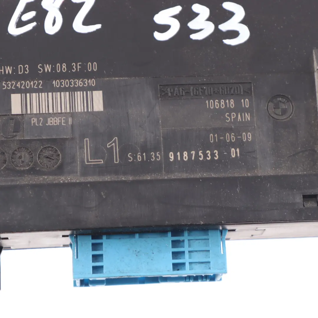 BMW E82 Módulo de Control del Cuerpo Caja de Conexiones L1 PL2 JBBFE II - SKU 9187533-1 - Número de pieza 9187533