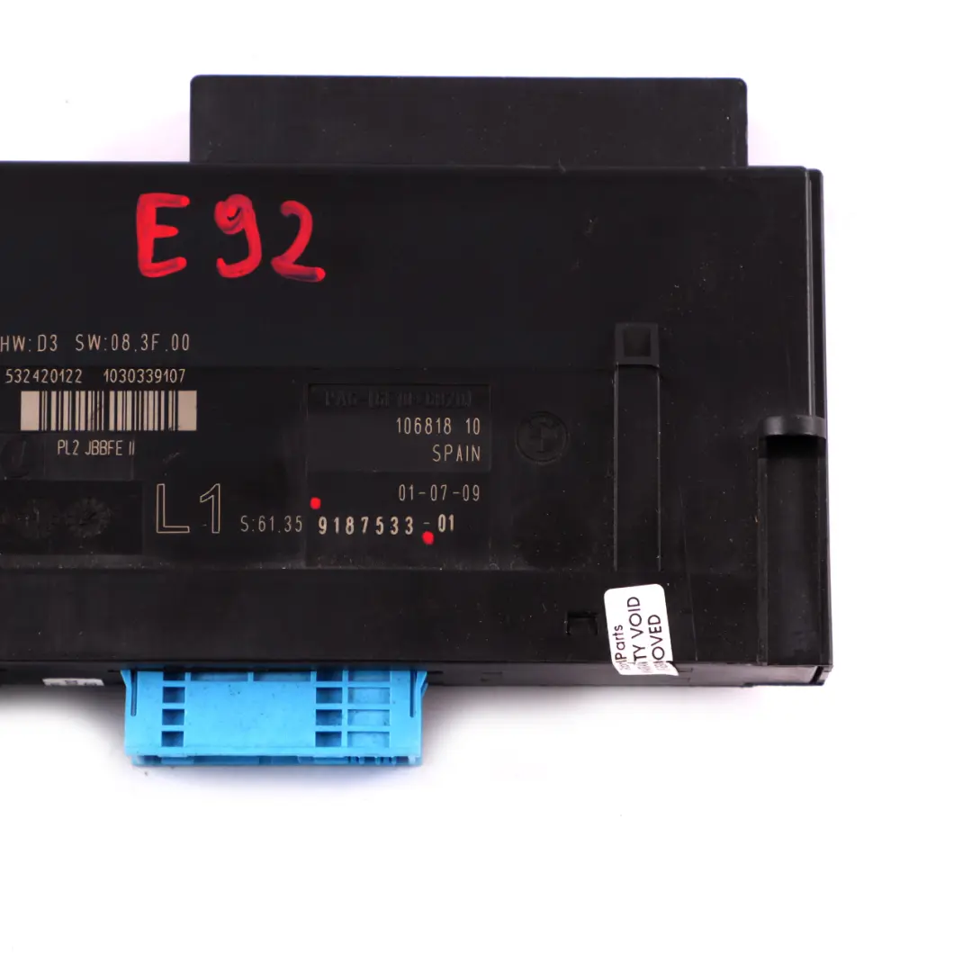 ECU Módulo Control Cuerpo Caja Conexiones L1 PL2 JBBFE II para BMW E92 con número de pieza 9187533 BMW E92 ECU Módulo Control Cuerpo Caja Conexiones L1 PL2 JBBFE II - SKU 9187533 - Número de pieza 9187533