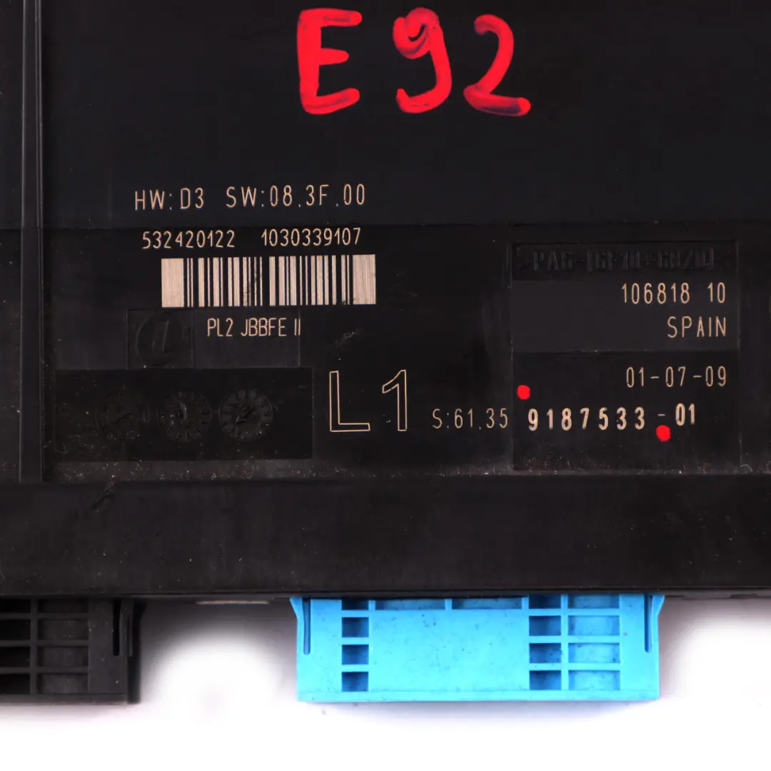 BMW E92 ECU Módulo Control Cuerpo Caja Conexiones L1 PL2 JBBFE II - SKU 9187533 - Número de pieza 9187533