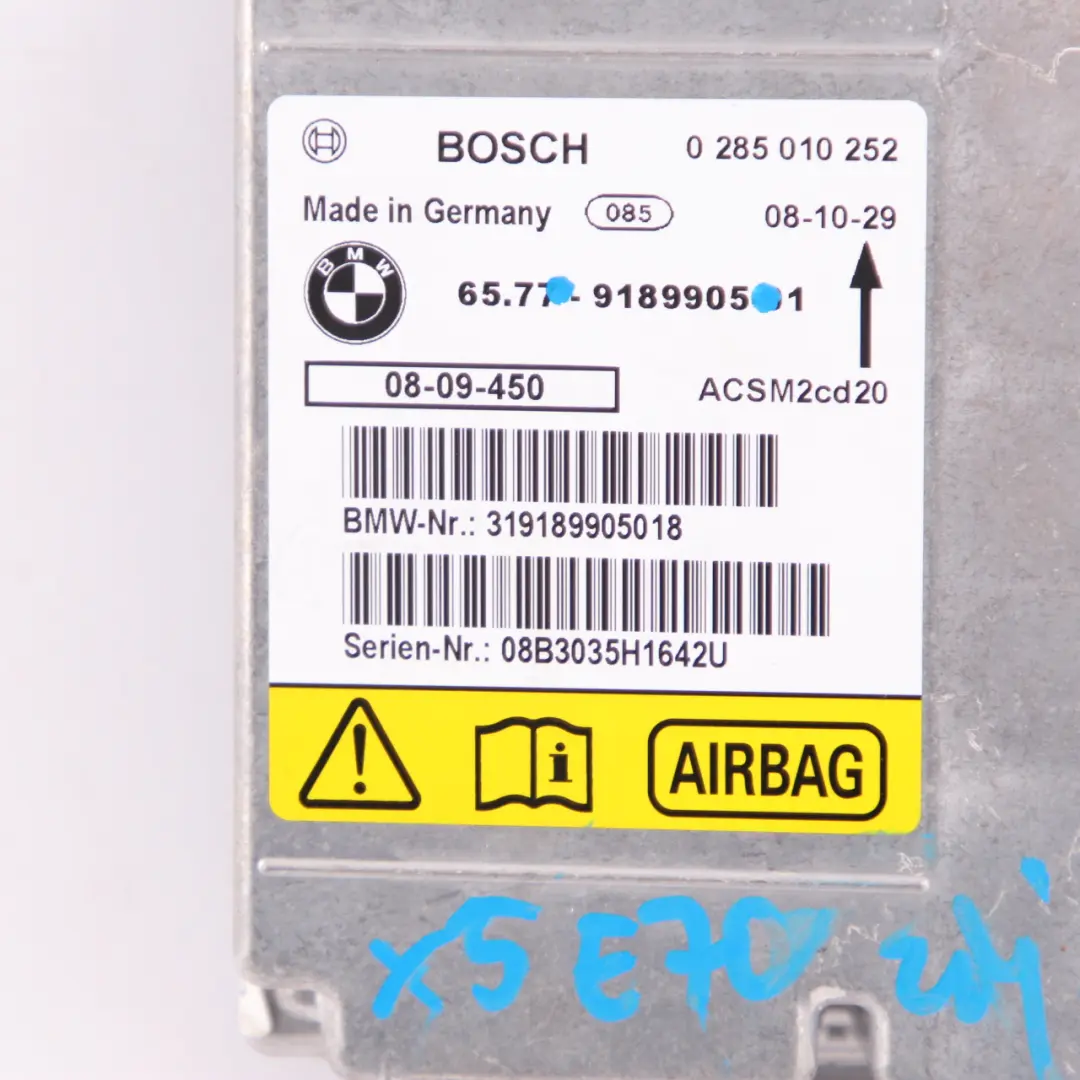 Unidad Control Seguridad Módulo Aire Bolsa ECU Bosch para BMW X5 E70 X6 E71 con número de pieza 9189905 BMW X5 E70 X6 E71 Unidad Control Seguridad Módulo Aire Bolsa ECU Bosch - SKU 9189905 - Número de pieza 9189905