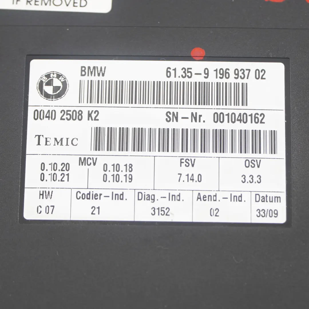 BMW E93 Convertible Asiento Unidad De Control Modulo ECU FSV 7.10.0 - SKU 9196937 - Número de pieza 9196937