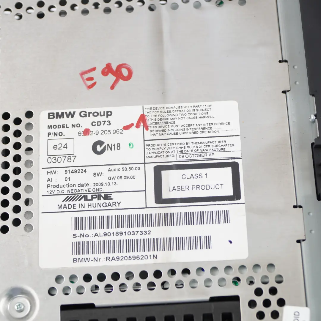 Radio Professional CD Audio Player Control Unit to BMW 3 Series E90 with Part number 9205962 BMW 3 Series E90 Radio Professional CD Audio Player Control Unit - SKU 9205962-1 - Part number 9205962