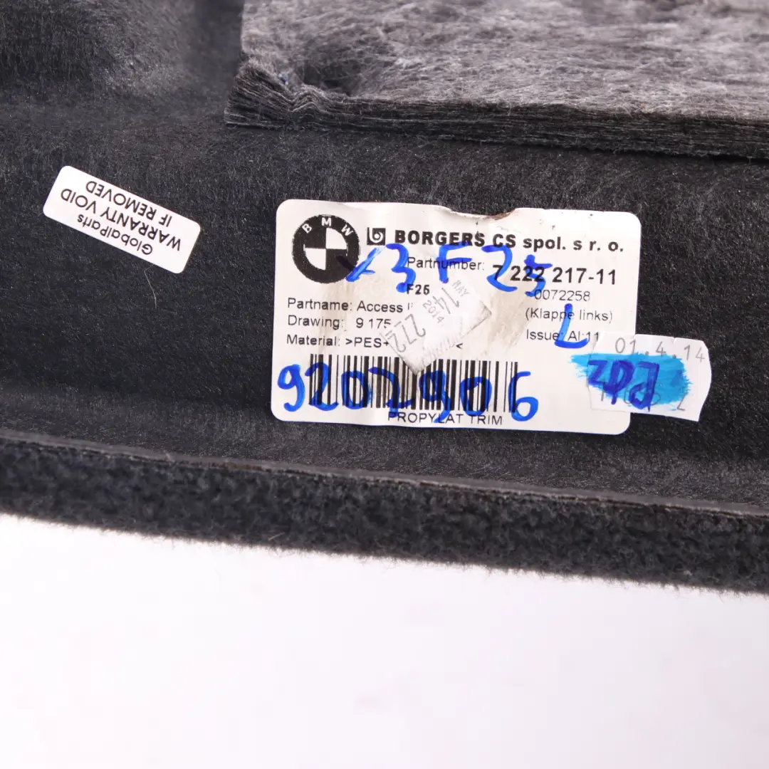 Trunk Flap Cover BMW F25 X3 Boot Luggage Trim Panel Left N/S Black 7222217 to with Part number 9207906 Trunk Flap Cover BMW F25 X3 Boot Luggage Trim Panel Left N/S Black 7222217 - SKU 9207906 - Part number 9207906