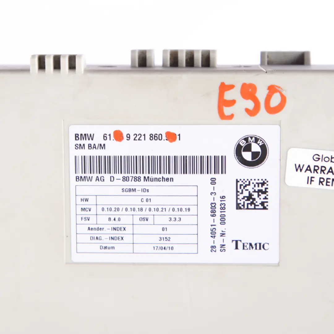 Seat Module BMW E90 E91 E93 LCI Front Left Right N/O/S Control Unit ECU - SKU 9221860 - Part number 9221860