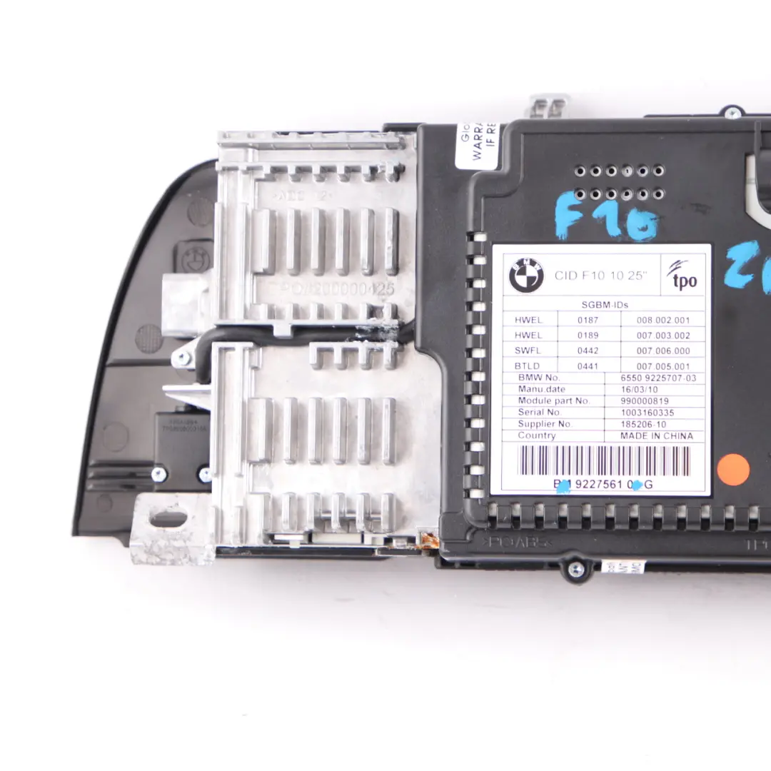 On-Board Screen BMW F10 F11 Central Information Display Monitor 10,25" 9227561  - SKU 9225707 - Part number 9225707