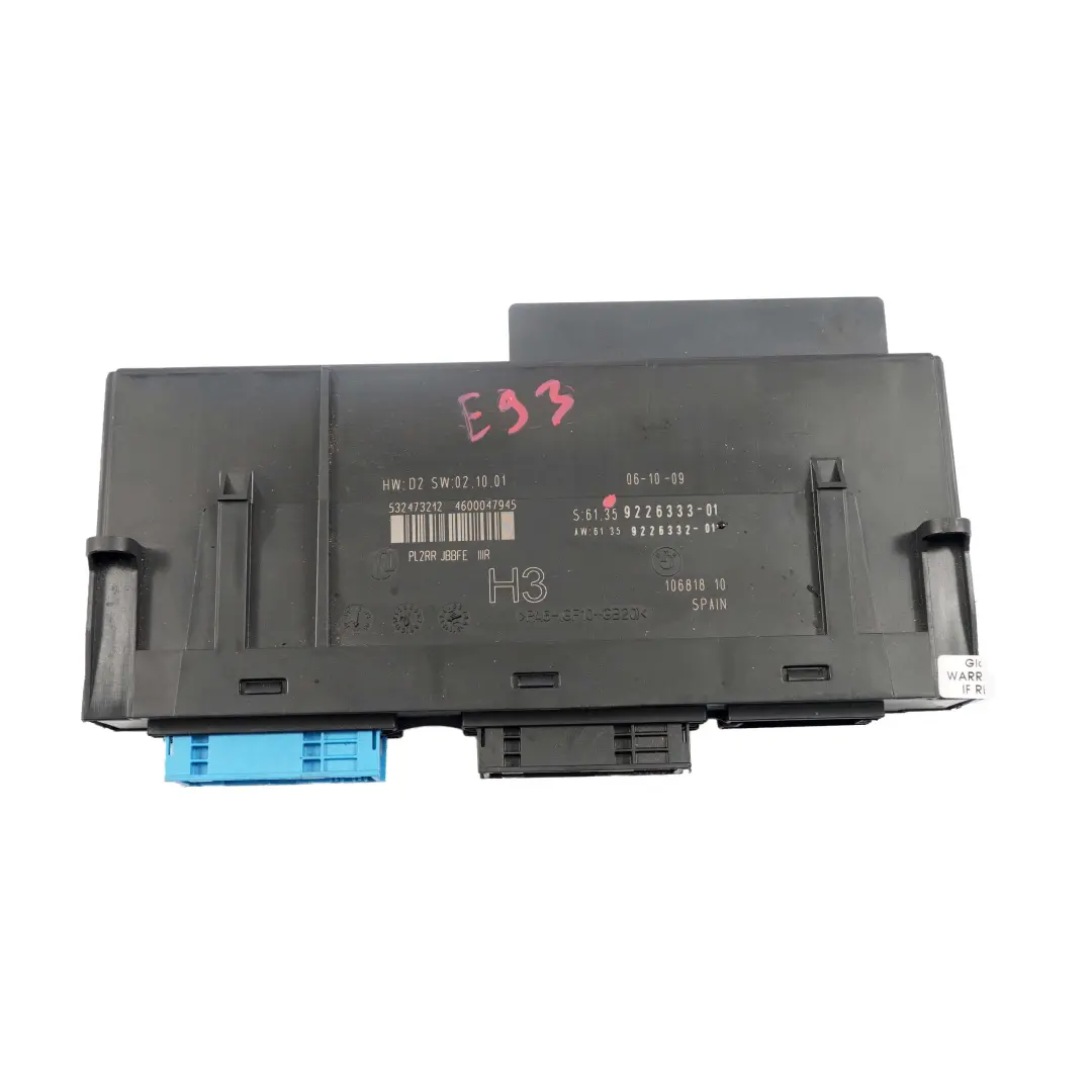 ECU Módulo de Control Cuerpo H3 Caja Conexiones PL2RR JBBFE IIIR para BMW E93 con número de pieza 9226333 BMW E93 ECU Módulo de Control Cuerpo H3 Caja Conexiones PL2RR JBBFE IIIR - SKU 9226333 - Número de pieza 9226333