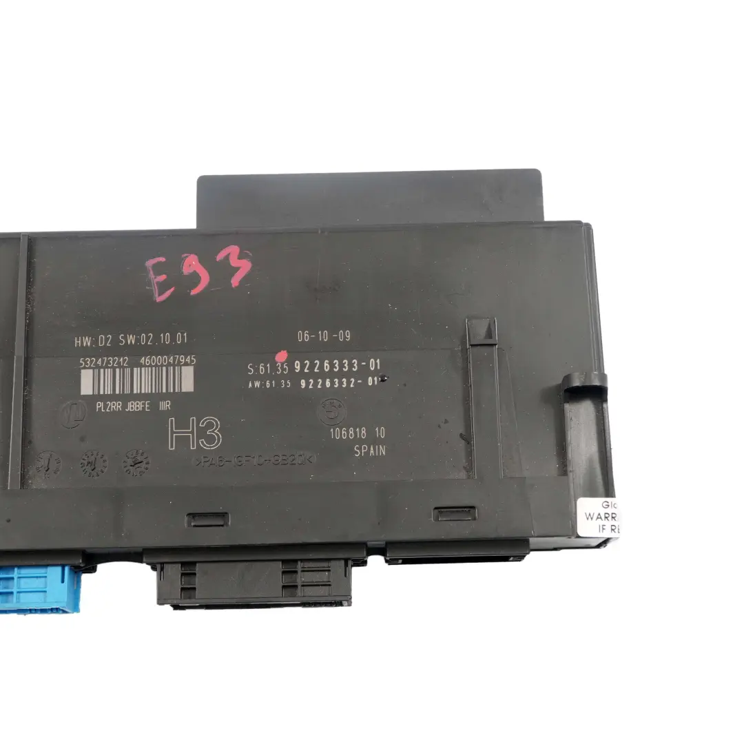 ECU Módulo de Control Cuerpo H3 Caja Conexiones PL2RR JBBFE IIIR para BMW E93 con número de pieza 9226333 BMW E93 ECU Módulo de Control Cuerpo H3 Caja Conexiones PL2RR JBBFE IIIR - SKU 9226333 - Número de pieza 9226333