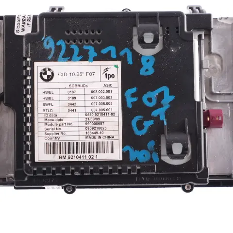 On Board Central Information Display Screen Monitor 10,25" to BMW F07 GT with Part number 9321015 BMW F07 GT On Board Central Information Display Screen Monitor 10,25" - SKU 9227118 - Part number 9321015