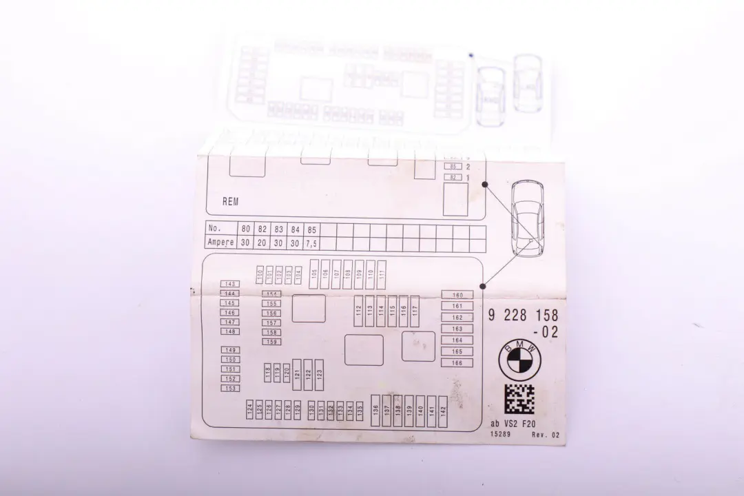 BMW F20 F21 F30 F31 Carte Sicherungsbelegung - SKU 9228158 - Numéro de pièce 9228158