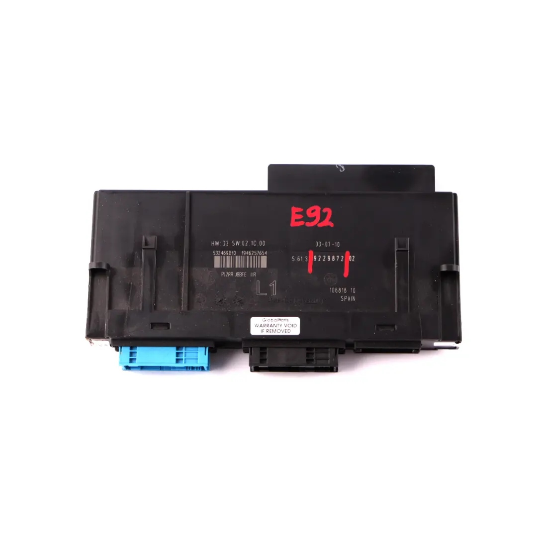 ECU Body Control Module Junction Box L1 PL2RR JBBFE IIIR to BMW 3 E92 with Part number 9229872 BMW 3 E92 ECU Body Control Module Junction Box L1 PL2RR JBBFE IIIR - SKU 9229872-1 - Part number 9229872