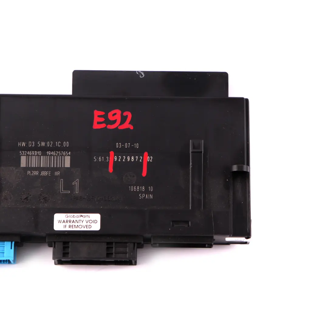ECU Body Control Module Junction Box L1 PL2RR JBBFE IIIR to BMW 3 E92 with Part number 9229872 BMW 3 E92 ECU Body Control Module Junction Box L1 PL2RR JBBFE IIIR - SKU 9229872-1 - Part number 9229872