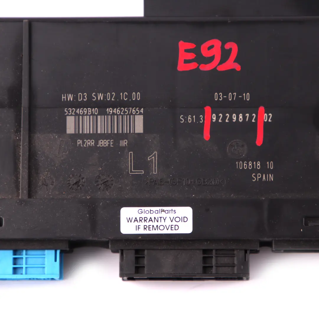 ECU Body Control Module Junction Box L1 PL2RR JBBFE IIIR to BMW 3 E92 with Part number 9229872 BMW 3 E92 ECU Body Control Module Junction Box L1 PL2RR JBBFE IIIR - SKU 9229872-1 - Part number 9229872