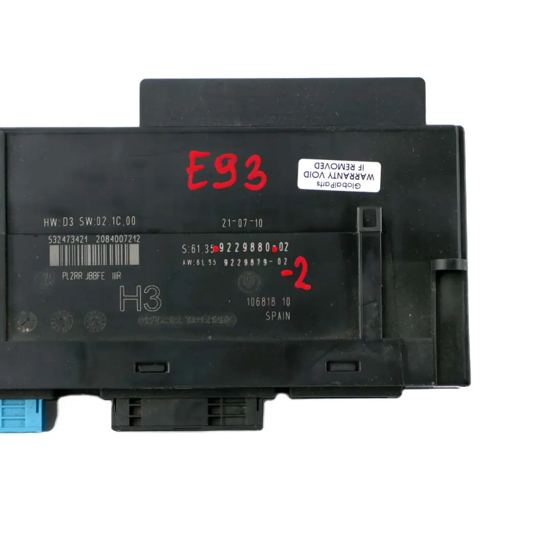 BMW E93 ECU Corps Contrôle Modul H3 Boîte jonction PL2RR JBBFE IIIR - SKU 9229880-2 - Numéro de pièce 9229880