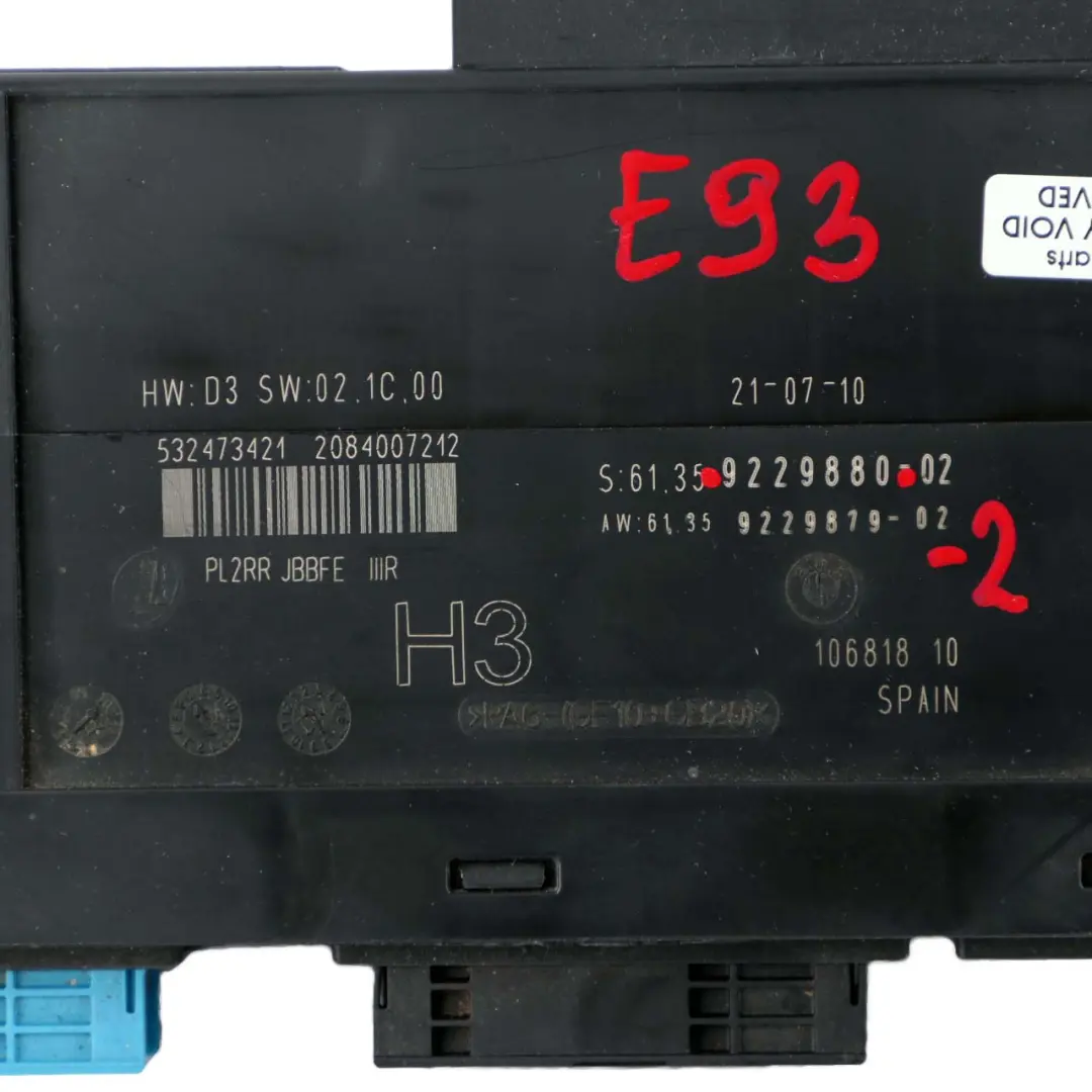 BMW E93 ECU Corps Contrôle Modul H3 Boîte jonction PL2RR JBBFE IIIR - SKU 9229880-2 - Numéro de pièce 9229880