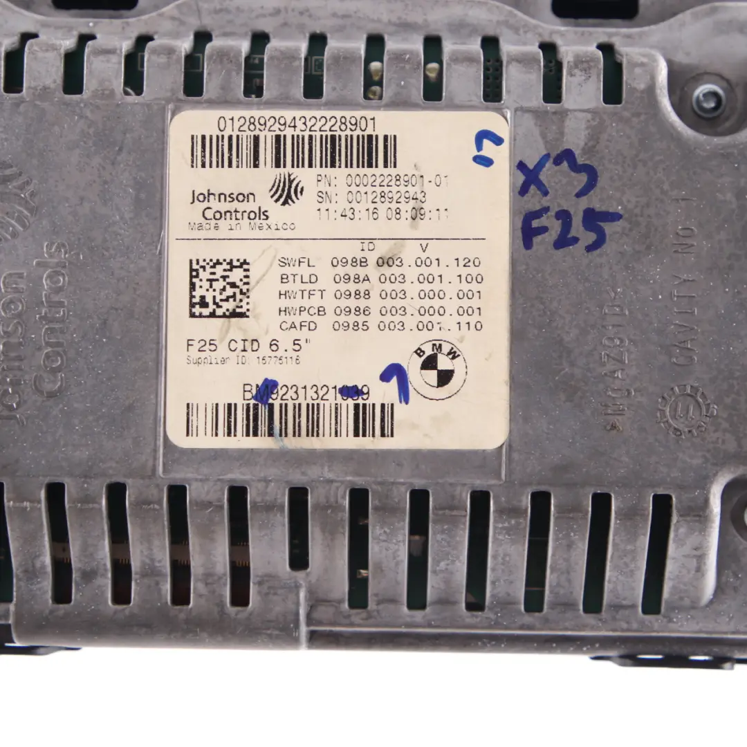 Dashboard Monitor Onboard Central Display Screen 6,5" to BMW X3 F25 X4 F26 with Part number 9231321 BMW X3 F25 X4 F26 Dashboard Monitor Onboard Central Display Screen 6,5" - SKU 9231321-1 - Part number 9231321