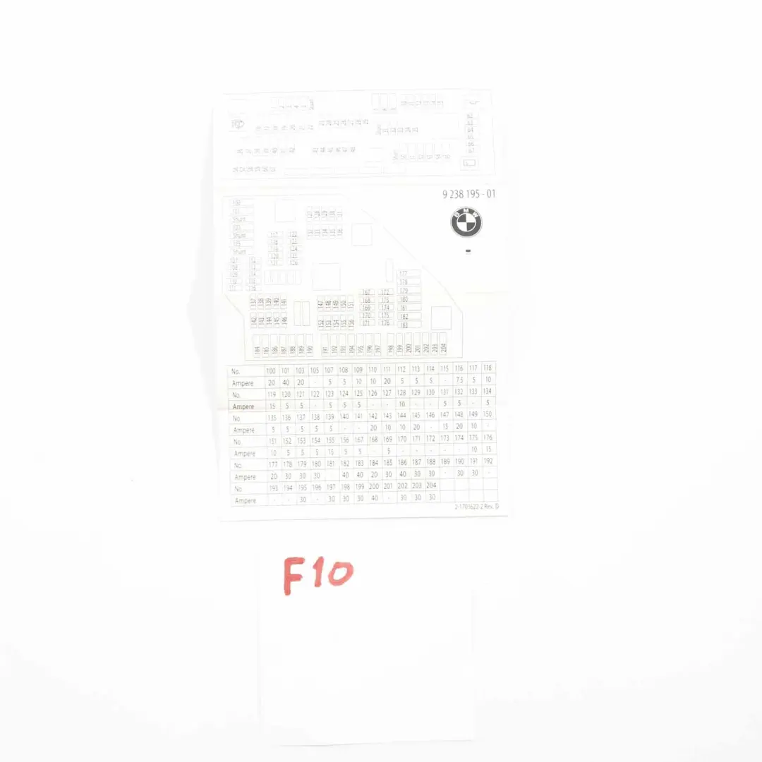 Tarjeta Mapa Caja de Fusibles Diagrama Agrupación para BMW F10 F11 F12 con número de pieza 9238195 BMW F10 F11 F12 Tarjeta Mapa Caja de Fusibles Diagrama Agrupación - SKU 9238195 - Número de pieza 9238195