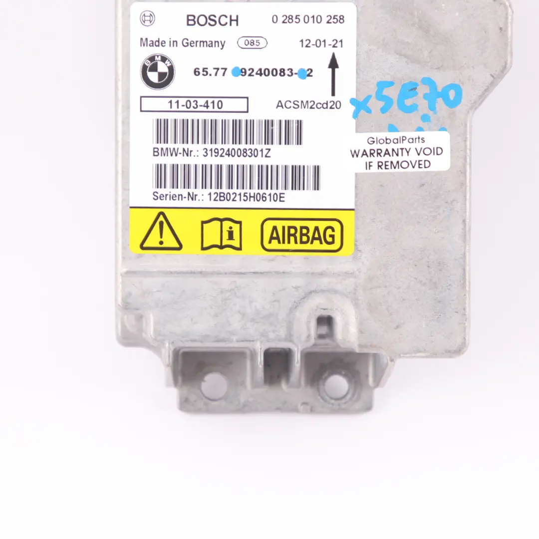 Sterownik Moduł Airbag Bosch do BMW X5 E70 X6 E71 o numerze 9240083 BMW X5 E70 X6 E71 Sterownik Moduł Airbag Bosch - SKU 9240083 - Numer Części 9240083