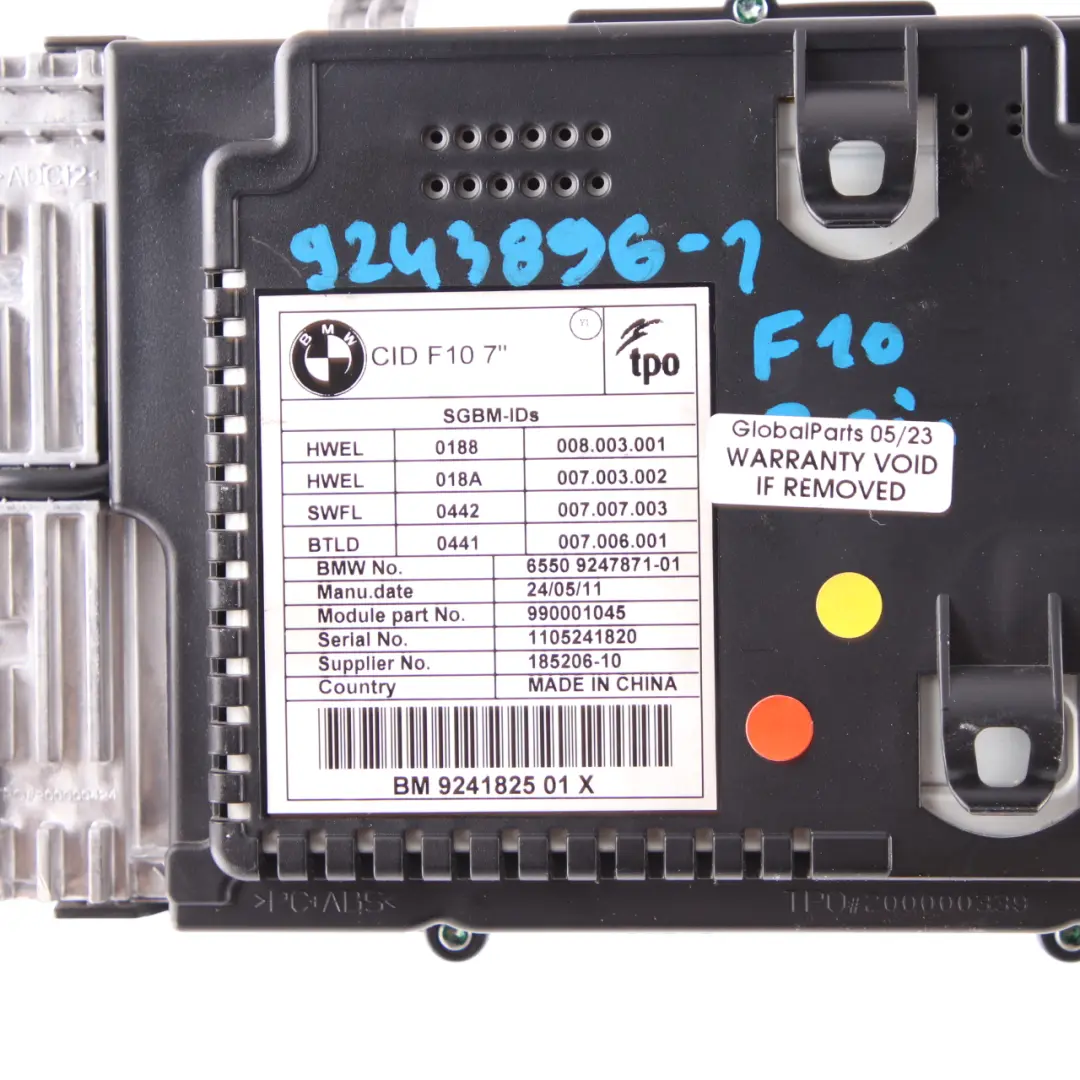  Display Informativo Centrale BMW F10 F11 LCI Schermo monitor di bordo 7" 9243896 - SKU 9241825 - Numero di parte 9241825