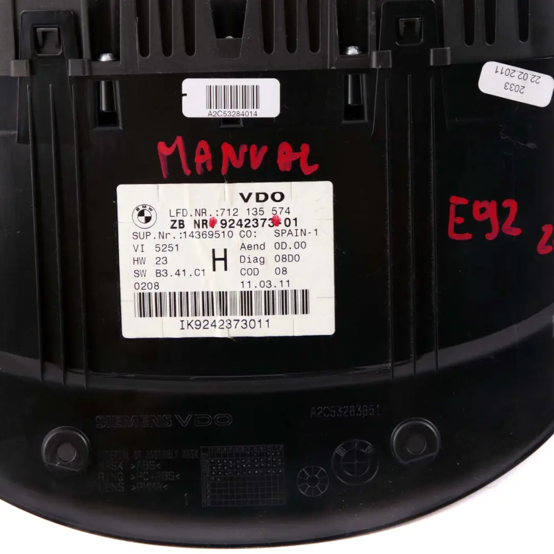 BMW 3 Series E90 E91 E92 Diesel Manual Instrument Speedometer Clocks 9242373 - SKU rhd-9242373 - Part number 9316154