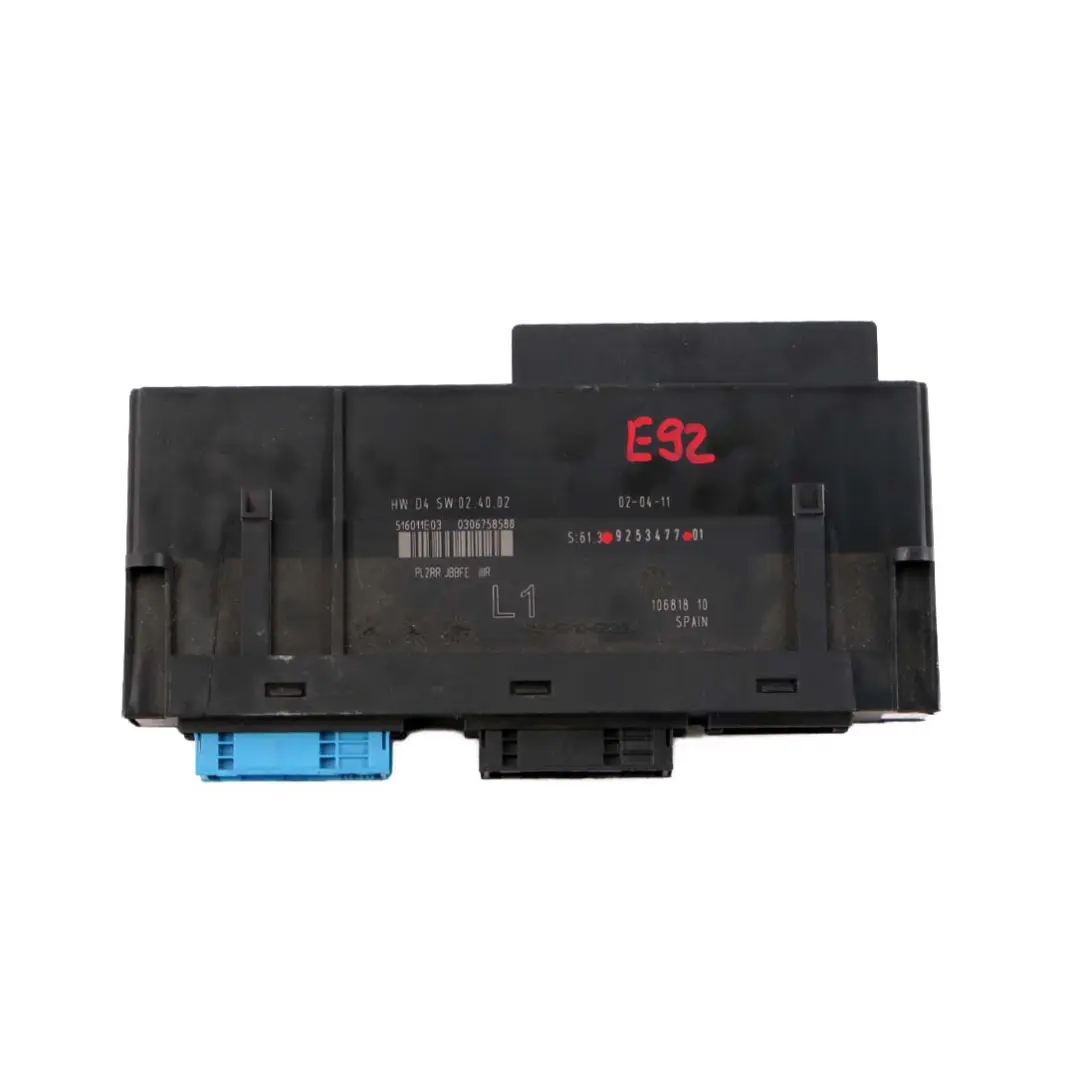 ECU Módulo Control Cuerpo Caja Conexiones L1 PL2RR JBBFE IIIR para BMW E92 con número de pieza 9253477 BMW E92 ECU Módulo Control Cuerpo Caja Conexiones L1 PL2RR JBBFE IIIR - SKU 9253477 - Número de pieza 9253477