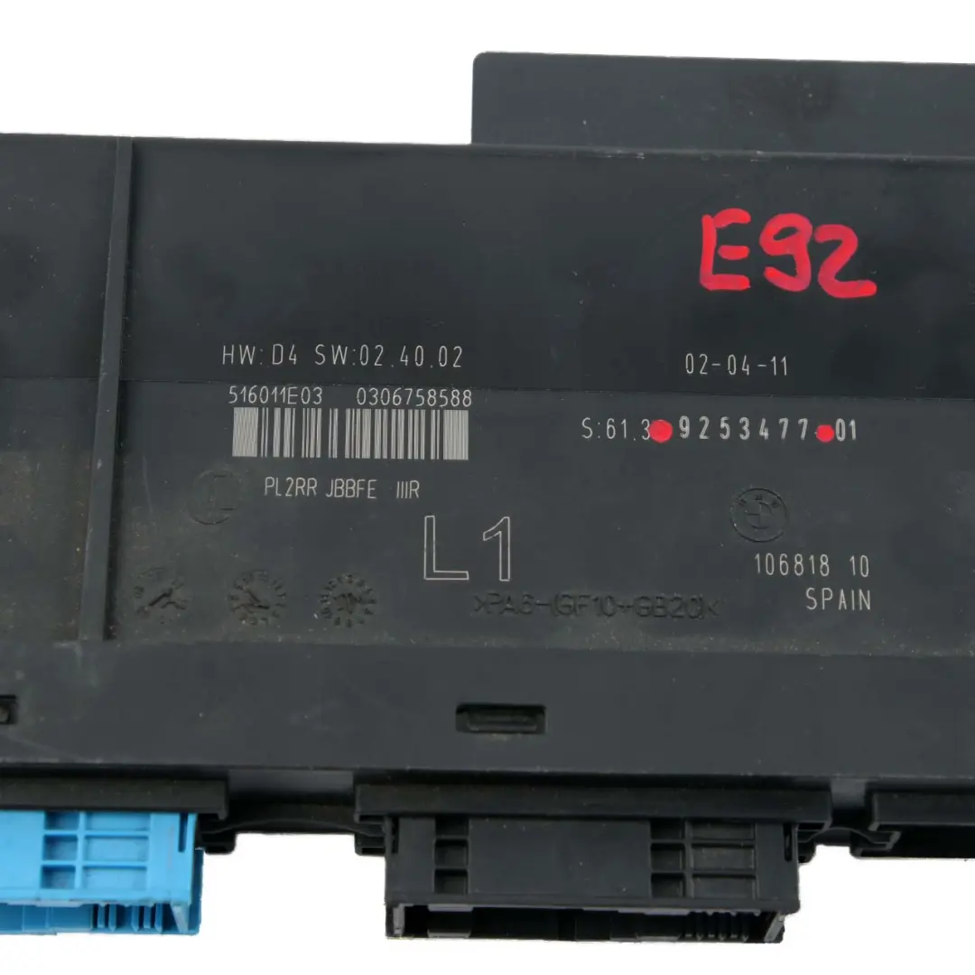 BMW E92 ECU Body Control Module Junction Box L1 PL2RR JBBFE IIIR - SKU 9253477 - Part number 9253477