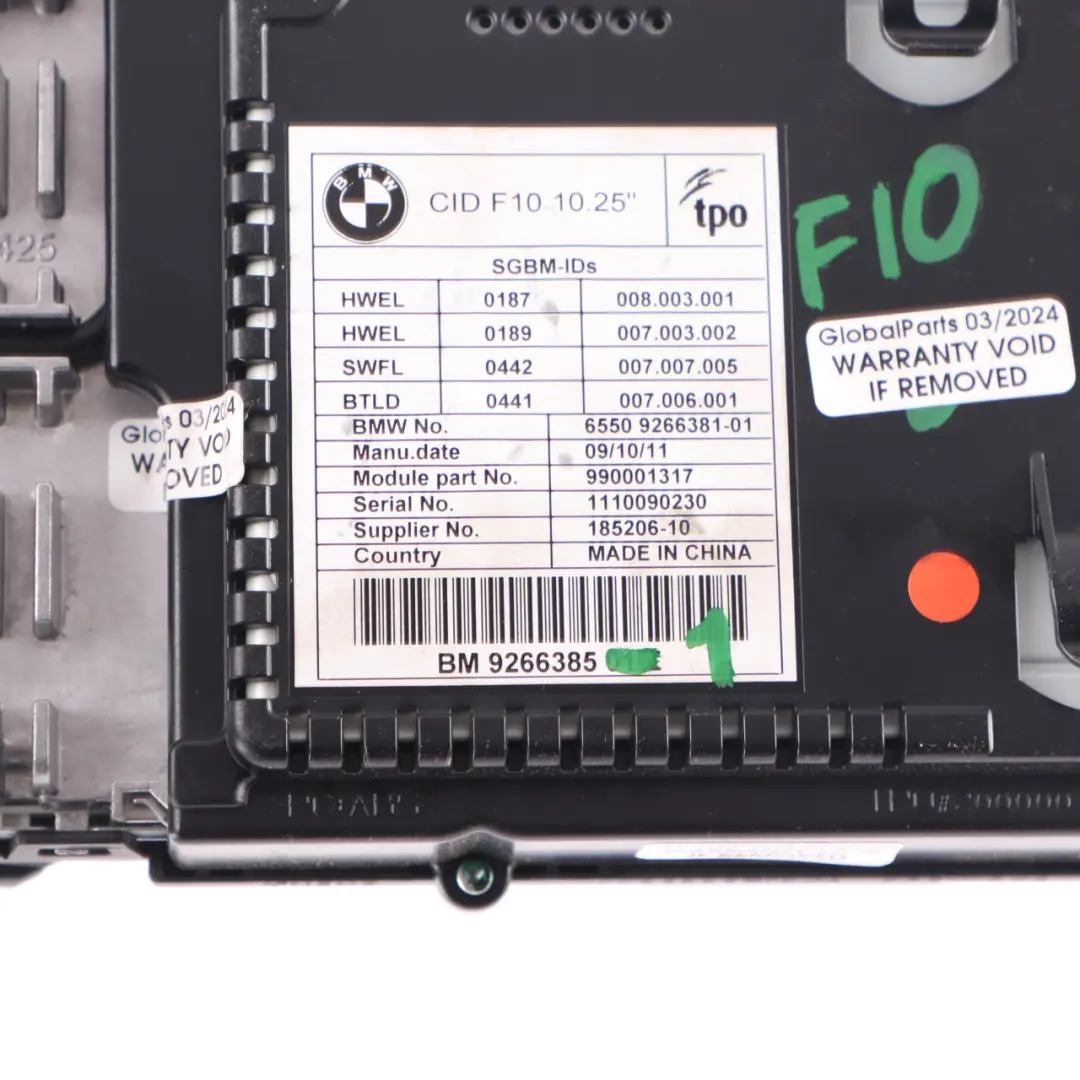 BMW F10 F11 On-Board Screen Central Information Display Monitor 10,25" - SKU 9266385-1 - Part number 9266385