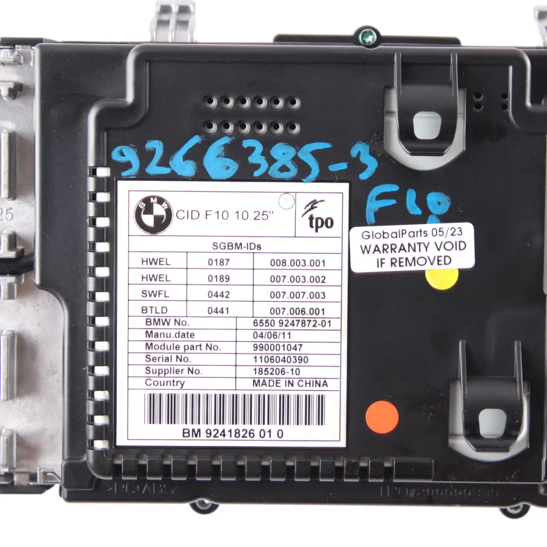 On-Board Screen BMW F10 F11 Central Information Display Monitor 10,25" to with Part number 9266385 On-Board Screen BMW F10 F11 Central Information Display Monitor 10,25" - SKU 9266385-3 - Part number 9266385