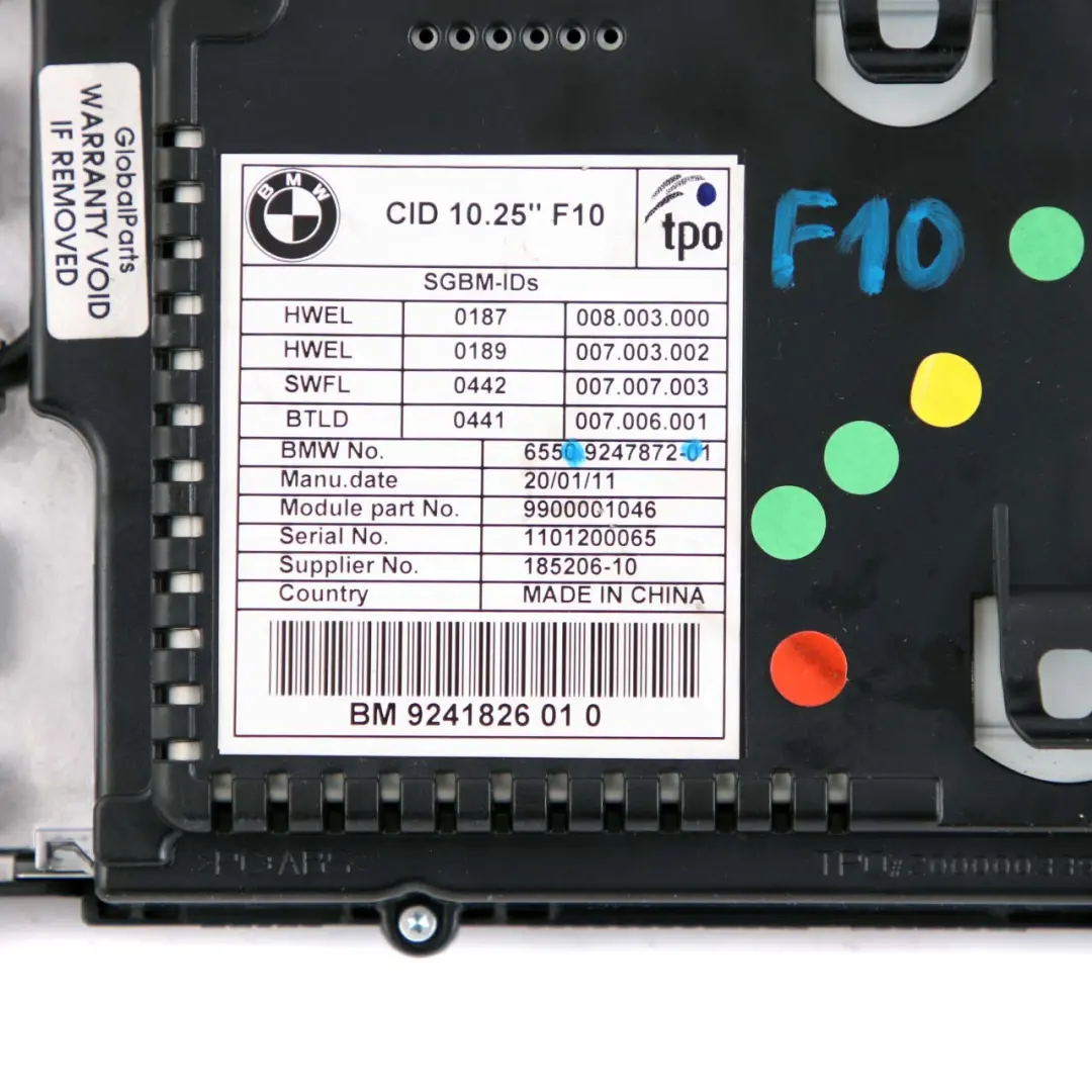 BMW F10 F11 On-Board Central Information Display Screen 10,25" 9247872 - SKU 9266385 - Part number 9266385