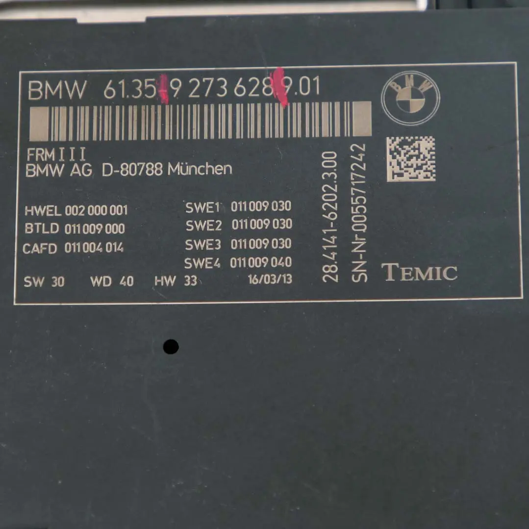 Modulo Controllo Luci Per Il Vano Piedi ECU FRM III per BMW F11 Touring con numero di parte 9273628 BMW F11 Touring Modulo Controllo Luci Per Il Vano Piedi ECU FRM III - SKU 9273628 - Numero di parte 9273628