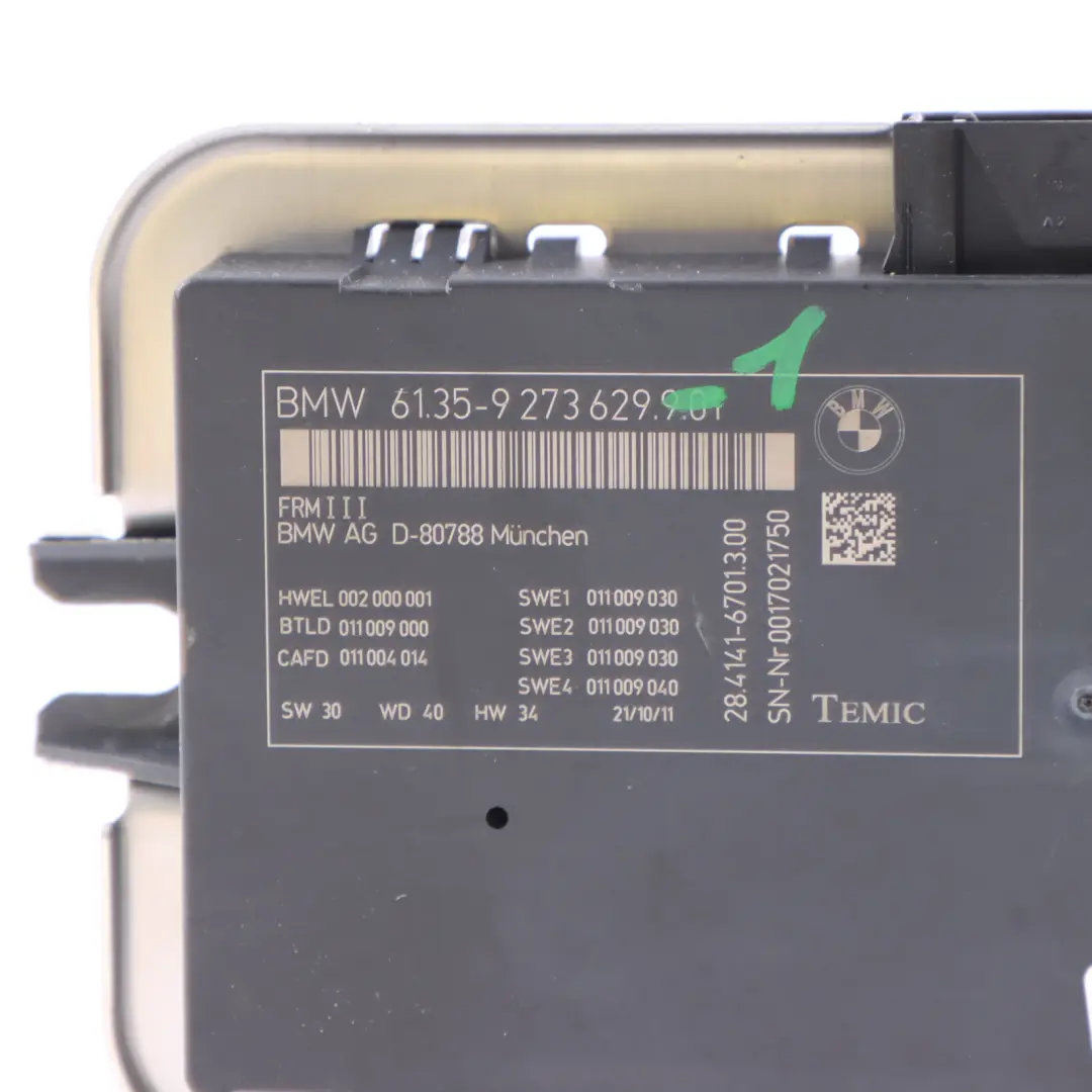 BMW 5 Series F10 Footwell Light Module ECU Control Unit FRM III TEMIC - SKU 9273629-1 - Part number 9273629