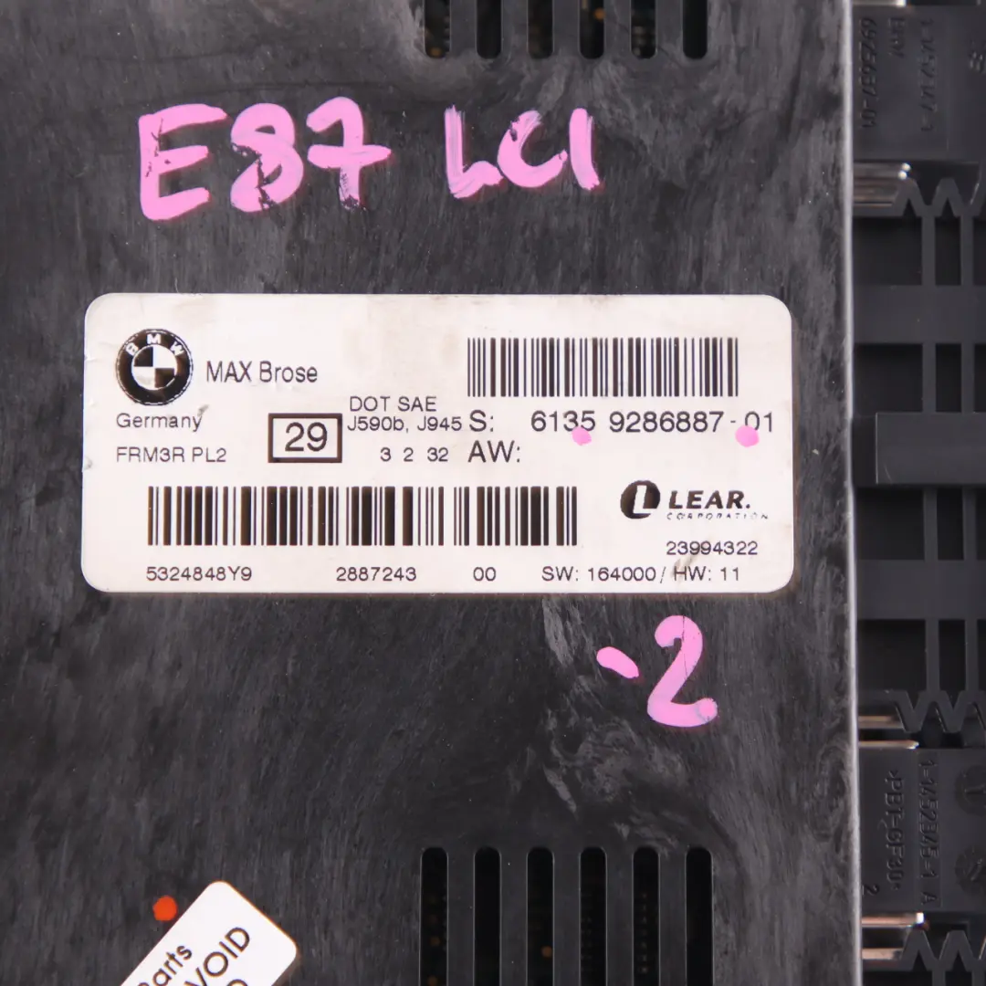 Footwell Light Module Control Unit ECU Lear FRM3R PL2 to BMW E87 LCI with Part number 9286887 BMW E87 LCI Footwell Light Module Control Unit ECU Lear FRM3R PL2 - SKU 9286887-2 - Part number 9286887