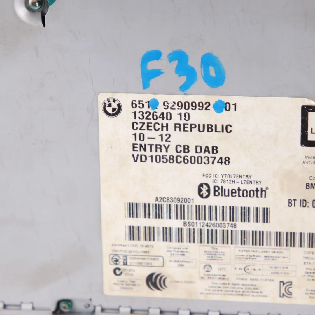 BMW F20 F21 F22 F30 F31 Radio Reproductor CD Bluetooth Control Principal - SKU 9290992 - Número de pieza 9290992