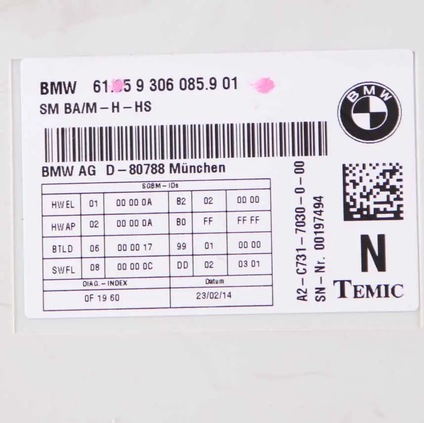 Seat Module BMW F30 F31 Control Unit Memory Front Left Right N/O/S - SKU 9306085 - Part number 9306085
