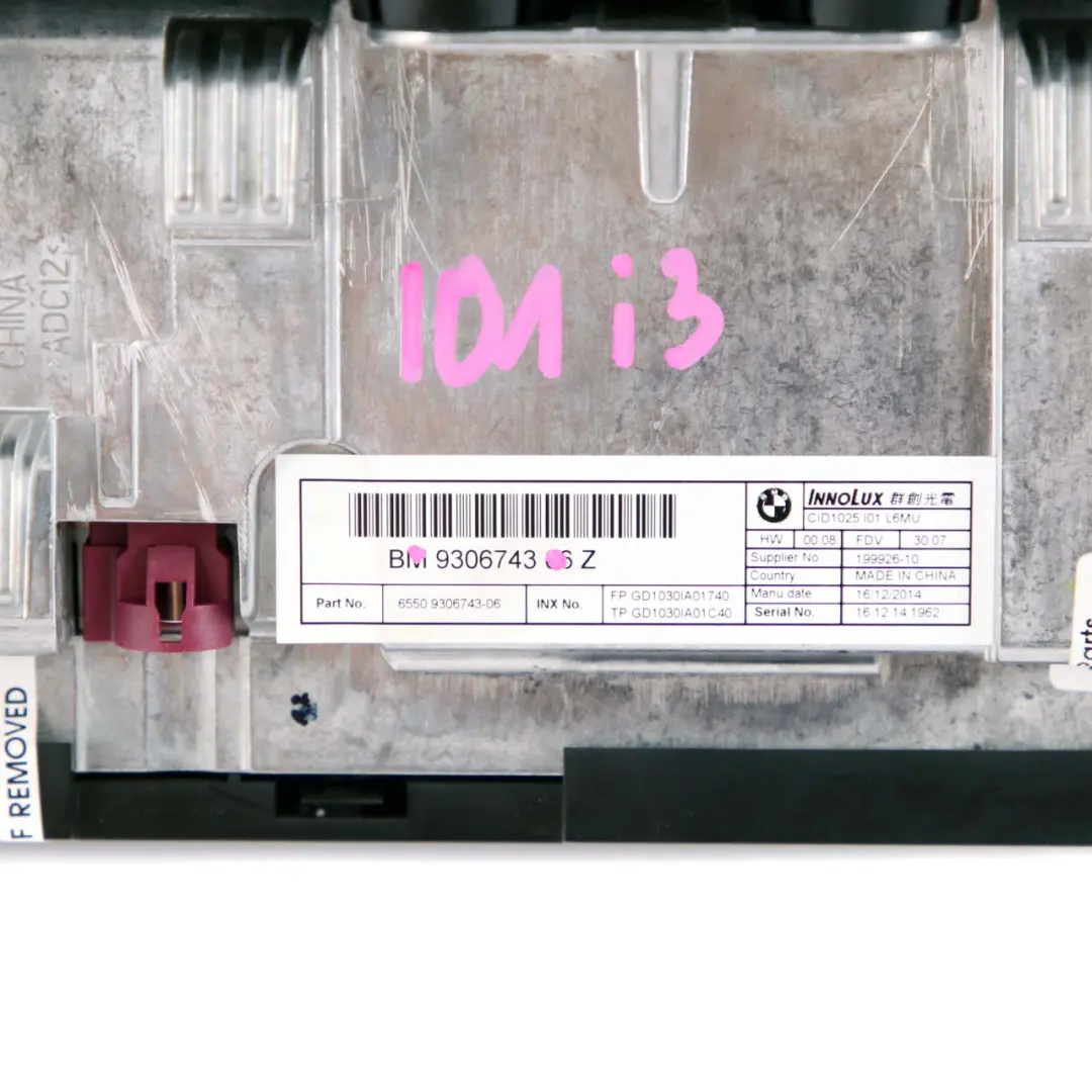 Display Screen BMW i3 I01 Central Information 10,25" Control Unit Module to with Part number 9306743 Display Screen BMW i3 I01 Central Information 10,25" Control Unit Module - SKU 9306743 - Part number 9306743