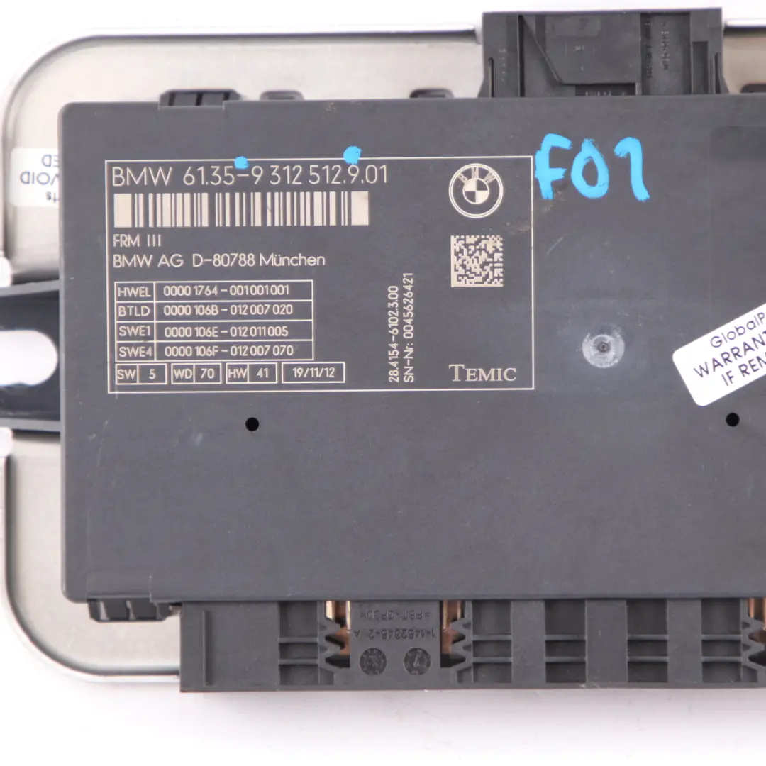 Footwell Control Unit Module Start Stop TEMIC FRM III to BMW F01 LCI with Part number 9312512 BMW F01 LCI Footwell Control Unit Module Start Stop TEMIC FRM III - SKU 9312512 - Part number 9312512