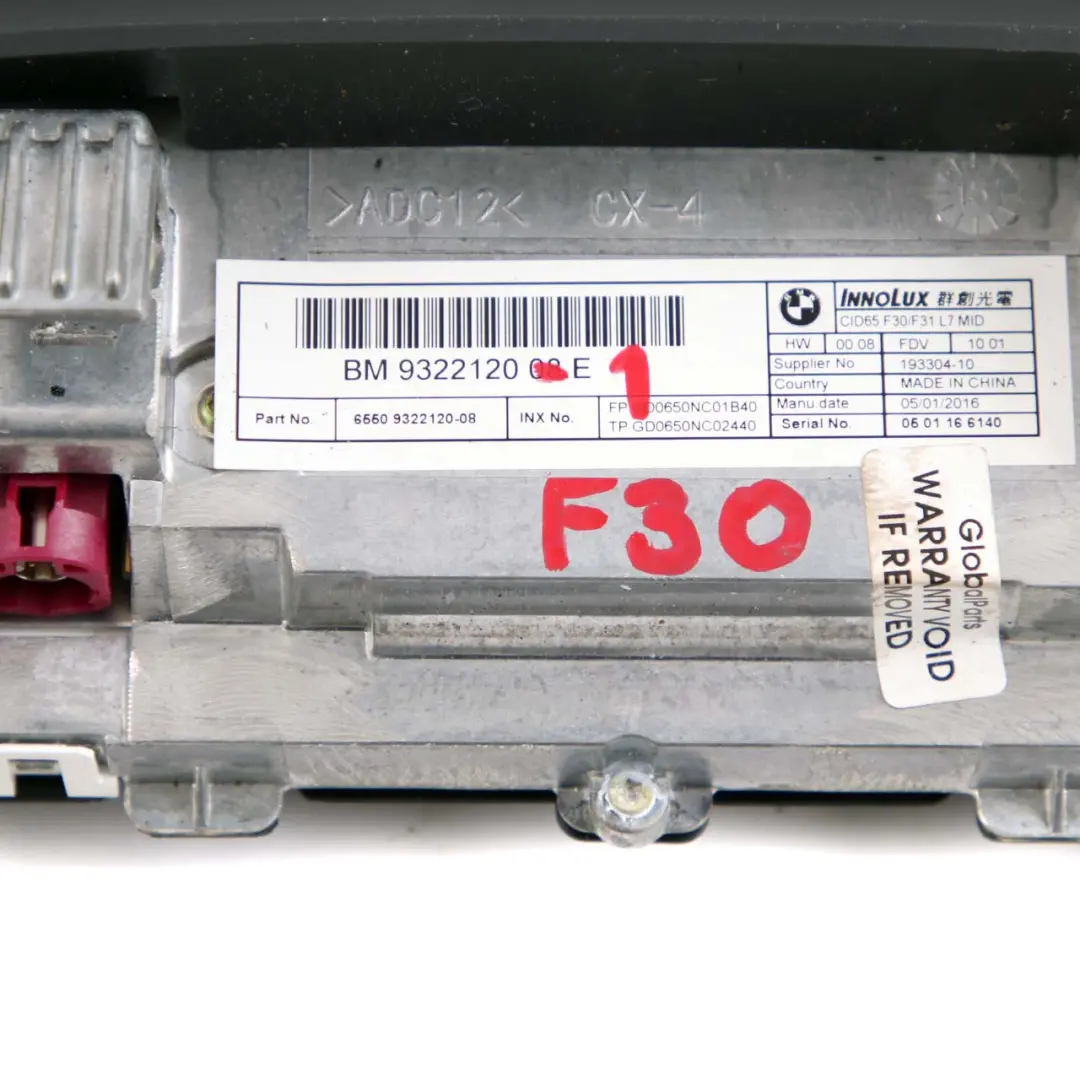 BMW 3 4 F30 F31 F32 F33 1 Central Information Display Screen 6,5" - SKU 9322120-1 - Part number 9322120