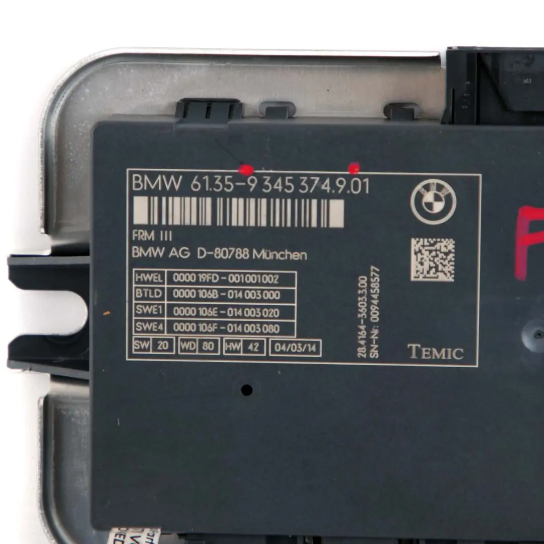 BMW F10 LCI Controllo luci vano piedi Modulo ECU Unità FRM3 - SKU 9345374 - Numero di parte 9345374