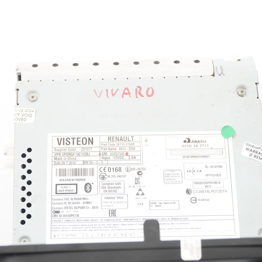  Radio Player Renault Trafic III Vauxhall Vivaro B Audio Head Unit - SKU 93457542 - Part number 93457542