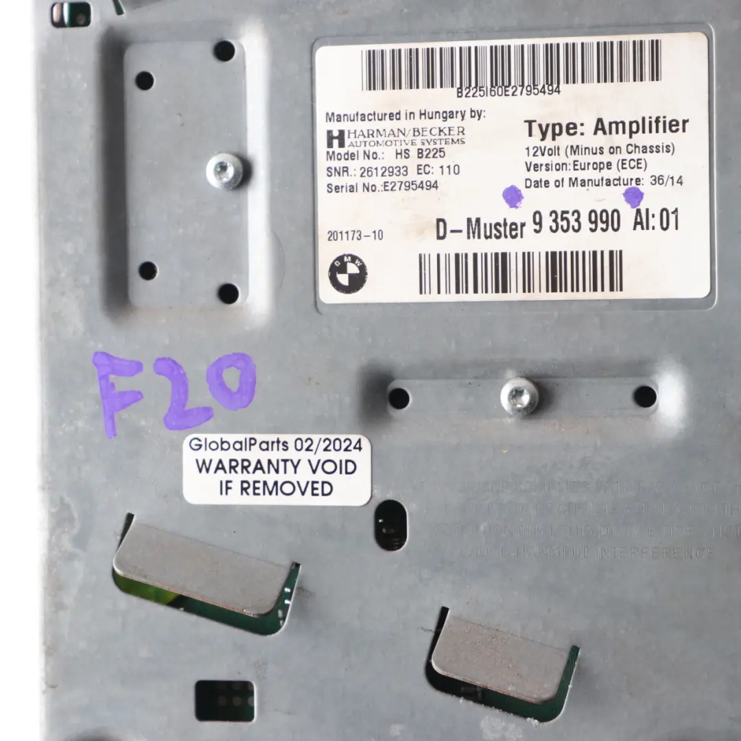 Audio Amplifier BMW F20 F21 Mini F55 F56 Top Hifi Harman Kardon Unit to with Part number 9353990 Audio Amplifier BMW F20 F21 Mini F55 F56 Top Hifi Harman Kardon Unit - SKU 9353990 - Part number 9353990