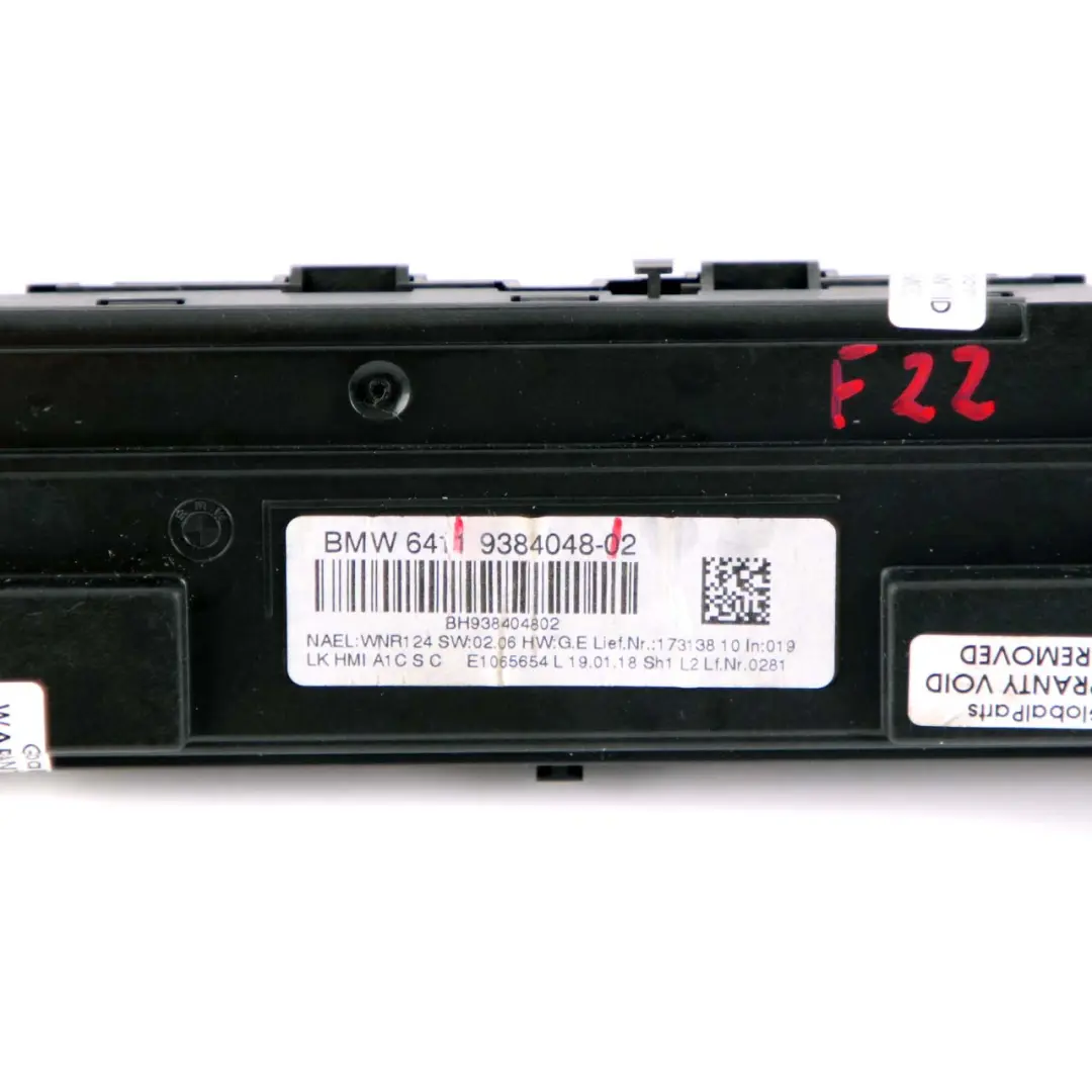 Panel Aire Acondicionado BMW F30 F31 F22 Unidad Control Automático para con número de pieza 9384048 Panel Aire Acondicionado BMW F30 F31 F22 Unidad Control Automático - SKU 9384048 - Número de pieza 9384048