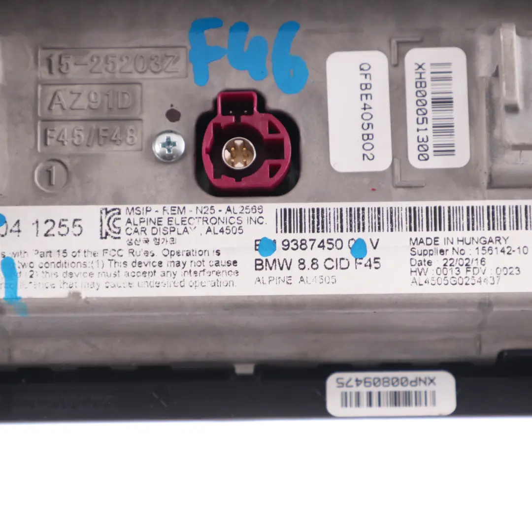 Display Screen BMW F45 F46 Central Information Navigation Monitor 8,8" to with Part number 9387450 Display Screen BMW F45 F46 Central Information Navigation Monitor 8,8" - SKU 9387450 - Part number 9387450