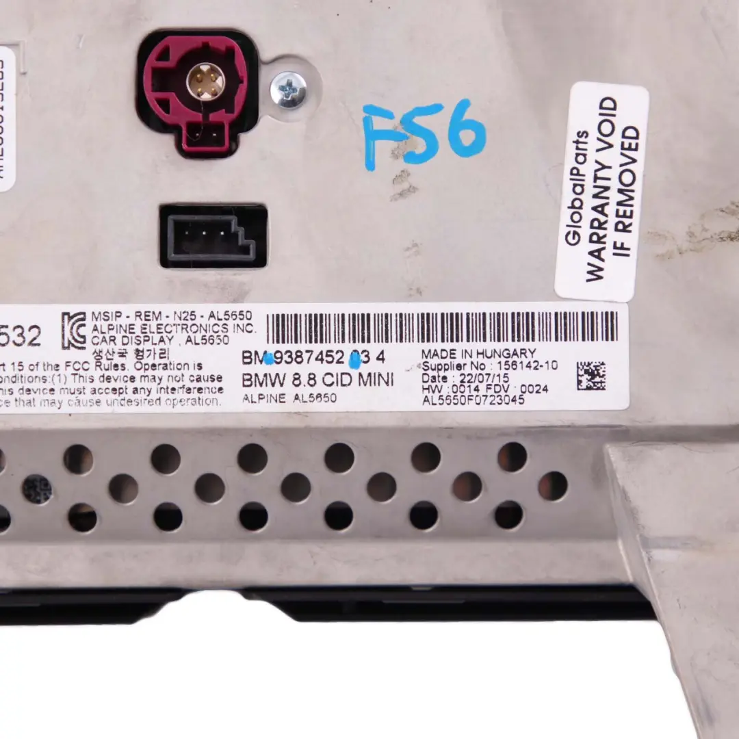 Mini F55 F56 Cruscotto Display Centrale Schermo Navigatore 8,8" - SKU 9387452 - Numero di parte 9387452