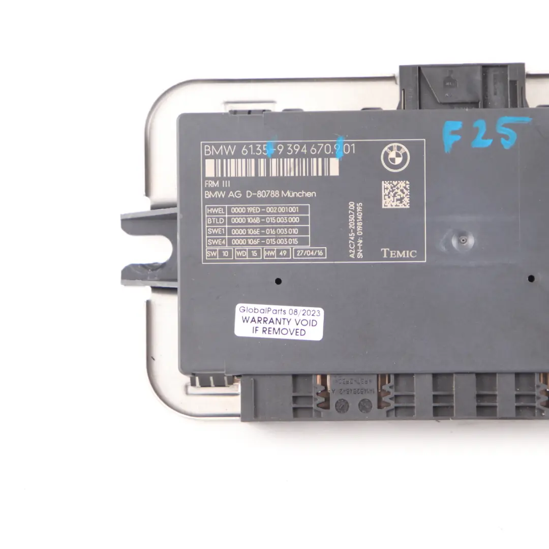 Footwell Light Control Module ECU Unit FRM3 III TEMIC to BMW F25 with Part number 9394670 BMW F25 Footwell Light Control Module ECU Unit FRM3 III TEMIC - SKU 9394670 - Part number 9394670
