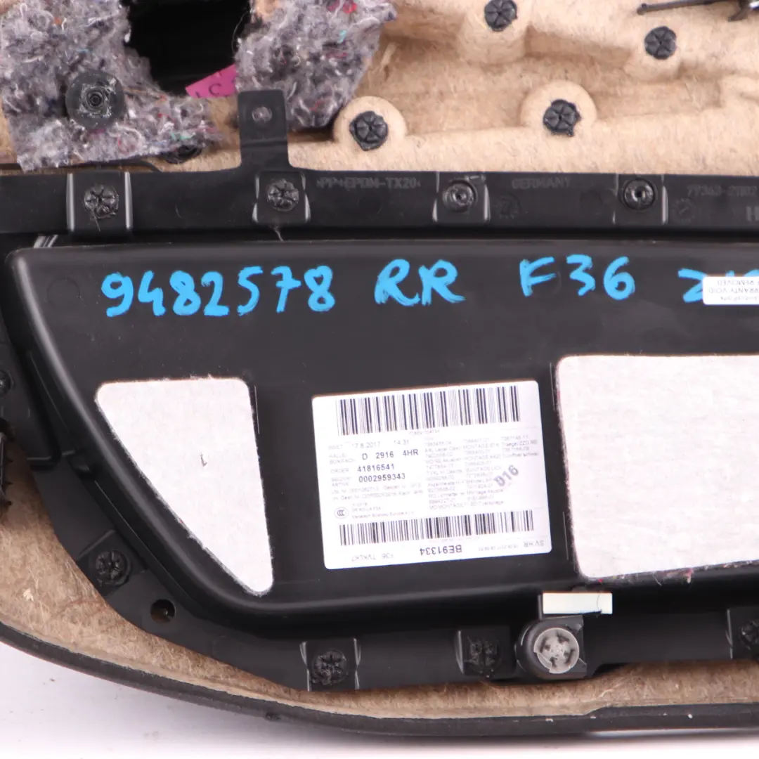 Door Card Trim Rear Right O/S Panelling Lining Leather Ivory White to BMW F36 LCI with Part number 9482578 BMW F36 LCI Door Card Trim Rear Right O/S Panelling Lining Leather Ivory White - SKU 9482578 - Part number 9482578