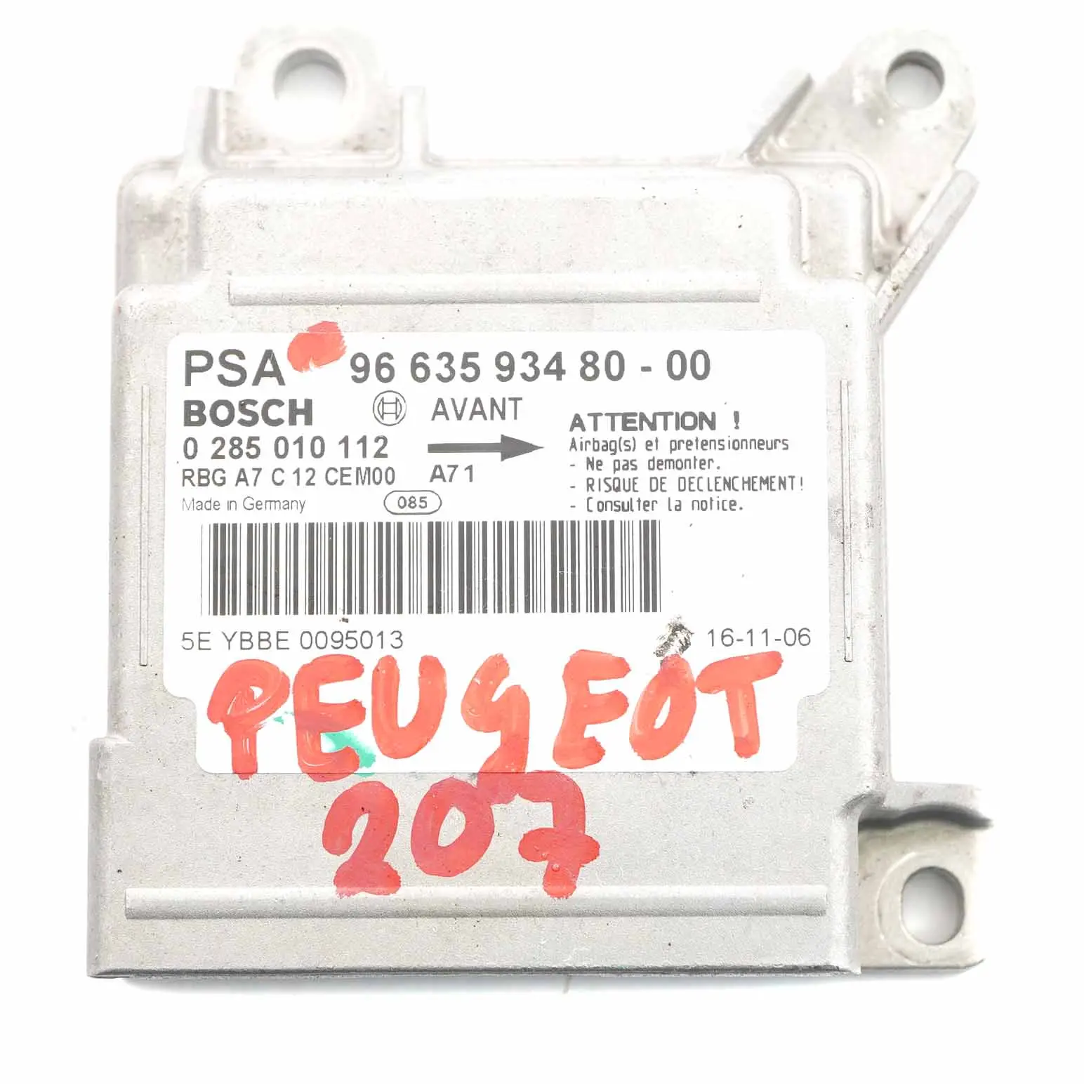 Peugeot 207 Airbag Módulo ECU Unidad de Control Air Bag 9663593480